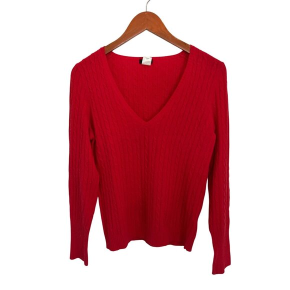 J.Crew Red Cable Knit V-Neck Sweater M Wool Cashmere Blend Long Sleeve - Picture 3 of 7